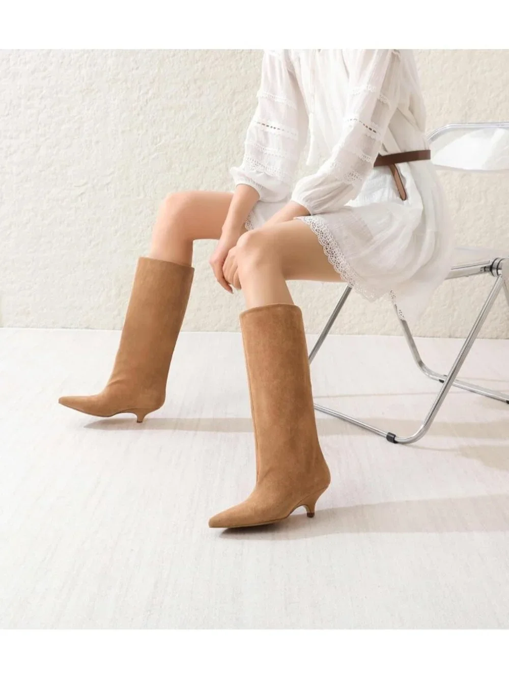 Women's Nude Suede Pointed-Toe Folded Wide Calf Low Kitten Knee-High Boot